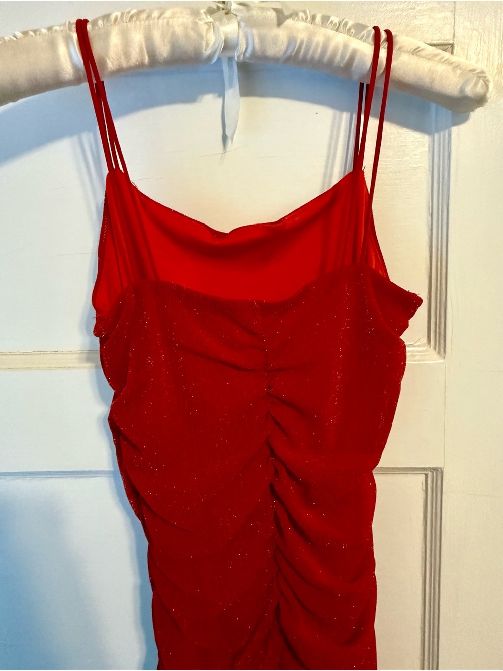 Red Ruched Bodycon Mini Dress Red Sparkle size Small - Picture 5 of 9